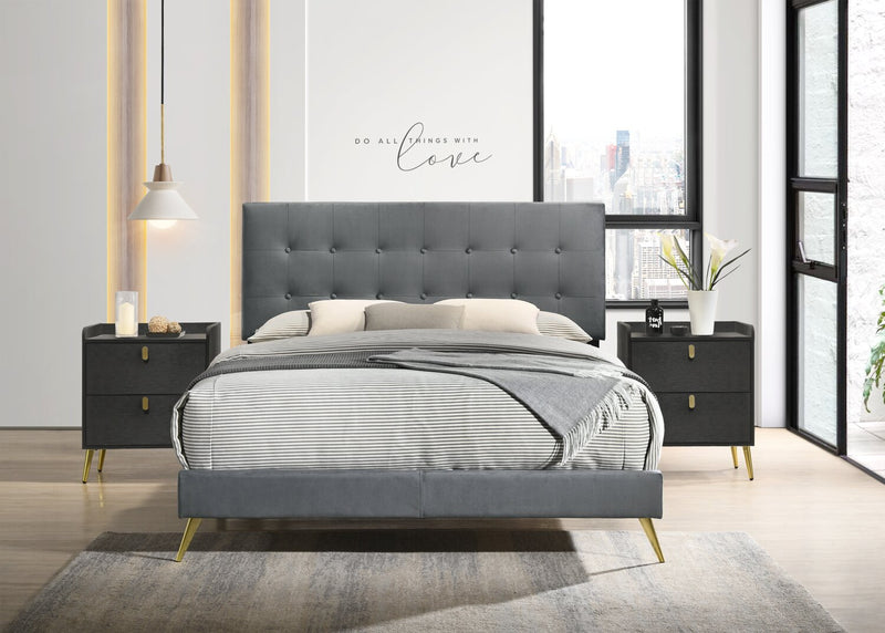 Gabi Upholstered Bed in Charcoal Velvet Fabric with Gold Finish Legs, Button Tufted - King Size