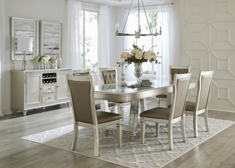 Tyra 5pc Dining Set with Table & 4 Chairs, 66-84\"W Extension, Trestle Base - Silver & Champagne