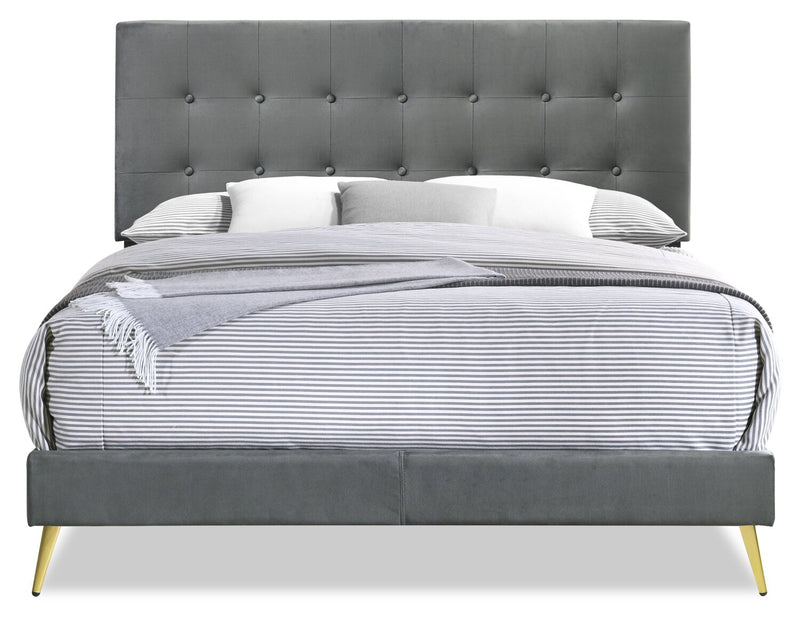 Gabi Upholstered Bed in Charcoal Velvet Fabric with Gold Finish Legs, Button Tufted - King Size