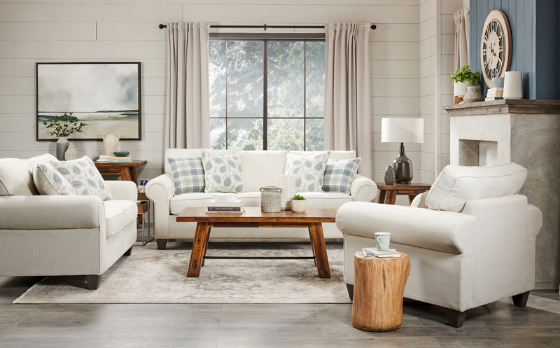 Made in Canada Scarlett 87\" Chenille Fabric Sofa with Rolled Arms and Accent Pillows - Ecru Beige