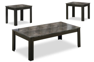 Kiana 3-Piece Coffee and Two End Tables Package - Black with Grey Marble-Look 