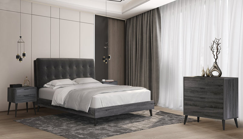 Nash Upholstered Platform Bed in Dark Grey Fabric, Button Tufted - King Size