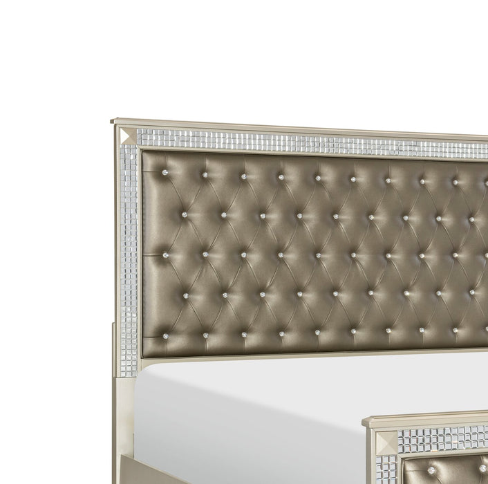 Tyra Panel Bed with Headboard & Frame, Glam, Vegan Leather, Button-Tufted, Champagne - Queen Size