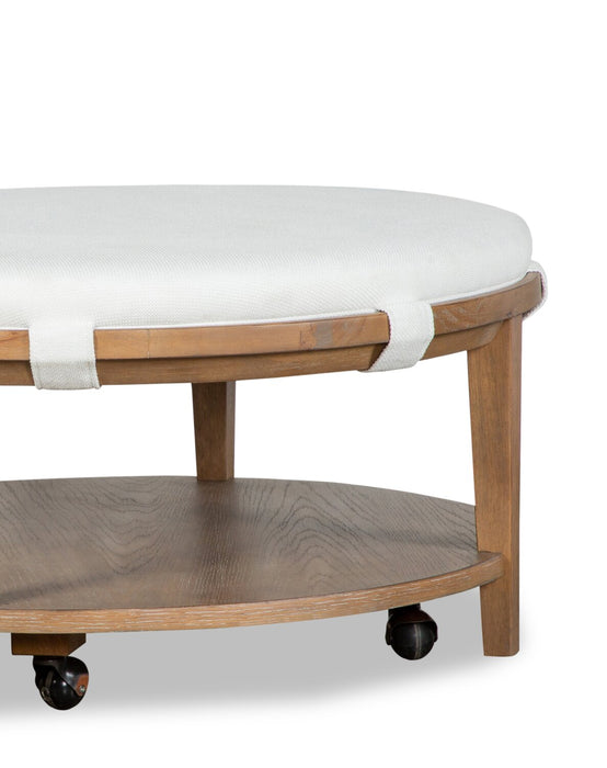 Rhett 38\" Modern Round Coffee Table with Shelf and Casters - Light Brown Wood with White Cushion