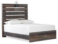 Abby Panel Bed with Headboard & Frame, LED, USB, Brown - Full Size 