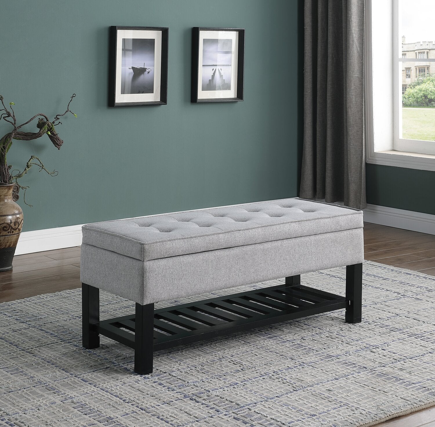 Ryan 43.5 Storage Bench with Bottom Shelf Light Grey