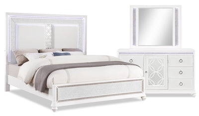 Ava 5pc Bedroom Set with Bed, Dresser & Mirror, LED, Glam, White - Queen Size | Ensemble de chambre à coucher Ava 5 pièces somptueux avec lit, commode, miroir et éclairage à DEL, b…