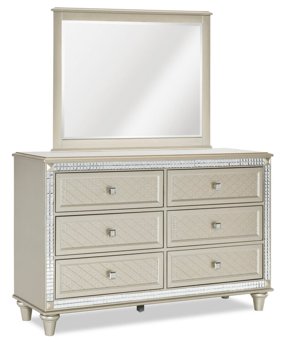 Tyra 6pc Bedroom Set with Bed, Dresser, Mirror & Nightstand, Glam, Vegan Leather, Champagne - King Size