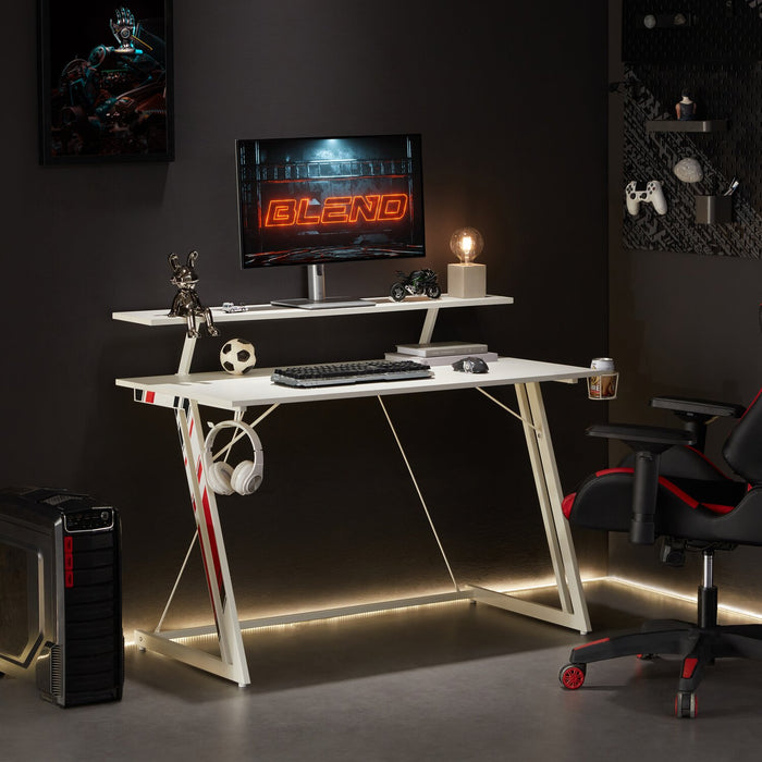 Sparta 48\" Gaming Office Desk with Raised Monitor Shelf - White with Black & Red Accents