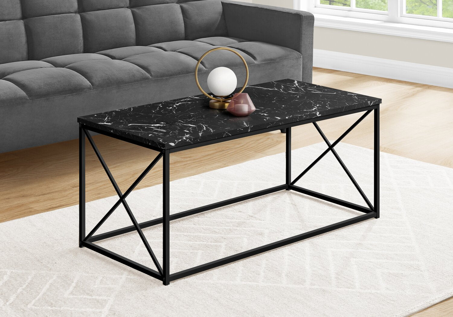 Millie 40.5 Modern Coffee Table Black Marble Look with Black Metal Base
