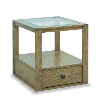 Esme 22" Traditional Glass Top End Table with Storage and Shelf - Light Brown Wood|Table de bout traditionnelle Esme de 22 po avec dessus en verre, rangement et tablette - bois brun clair