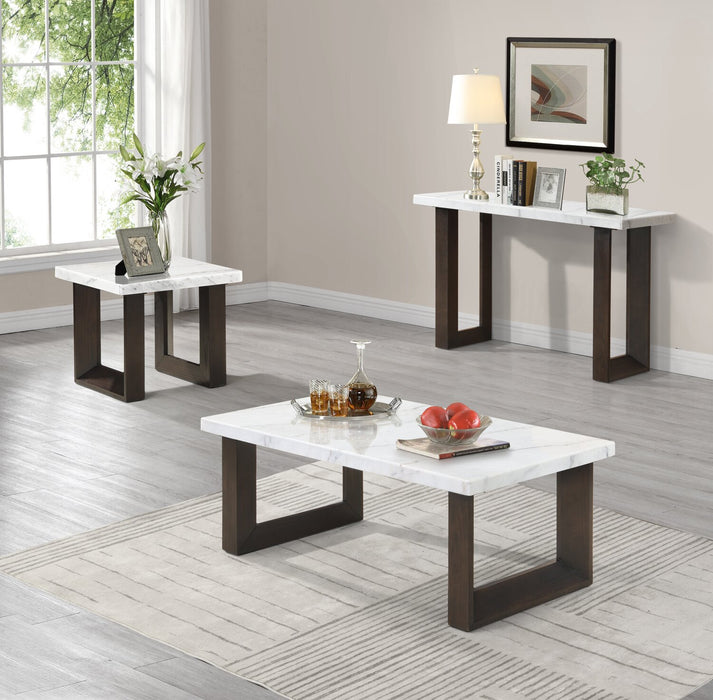 Silvia 48\" Modern Coffee Table - White and Grey Marble Look with Brown Wood Legs