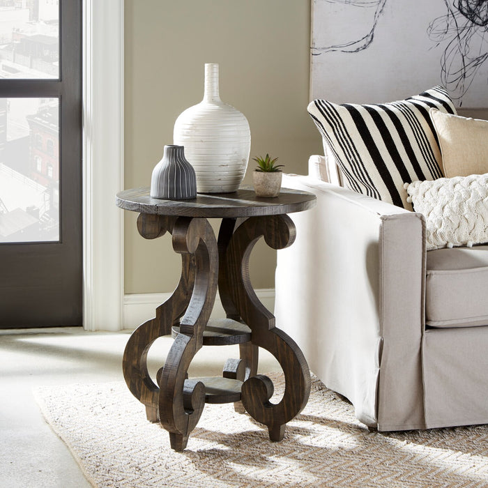 Bellamy 22\" Traditional Round End Table with Shelf - Dark Brown Pine with Scroll Design Wood Base