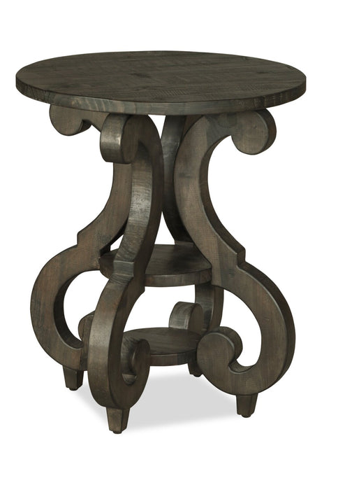 Bellamy 22\" Traditional Round End Table with Shelf - Dark Brown Pine with Scroll Design Wood Base