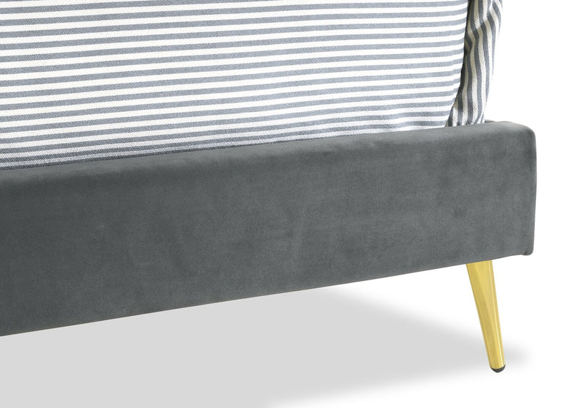 Gabi Upholstered Bed in Charcoal Velvet Fabric with Gold Finish Legs, Button Tufted - King Size