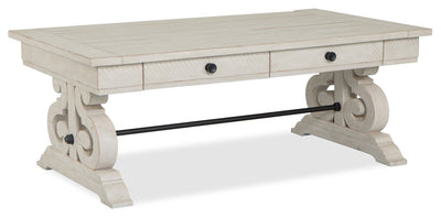 Bronwyn 50" Traditional Coffee Table with Storage - Alabaster Pine with Scroll Design Wood Base|Table à café traditionnelle Bronwyn de 50 po avec rangement - pin albâtre avec base en bois à volutes