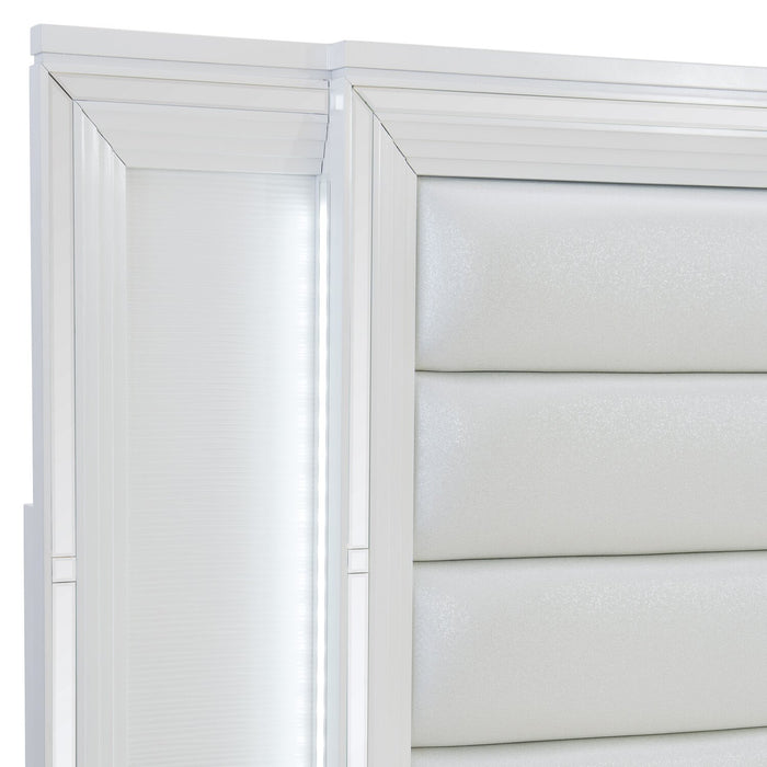 Max Platform Storage Bed with Headboard & Frame, LED, Vegan Leather, Glam, White - King Size