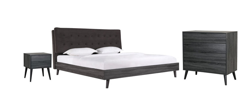 Nash Upholstered Platform Bed in Dark Grey Fabric, Button Tufted - King Size