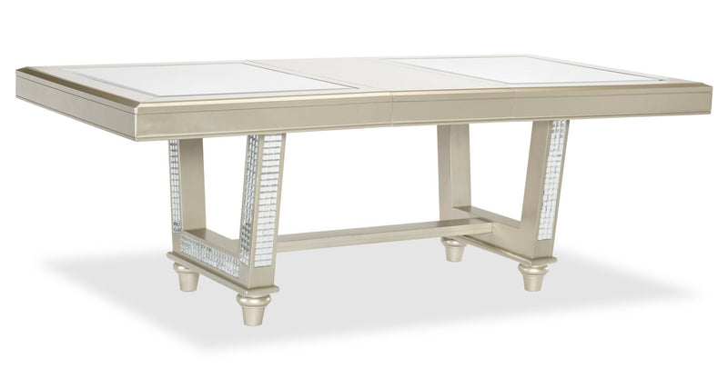 Tyra 5pc Dining Set with Table & 4 Chairs, 66-84\"W Extension, Trestle Base - Silver & Champagne