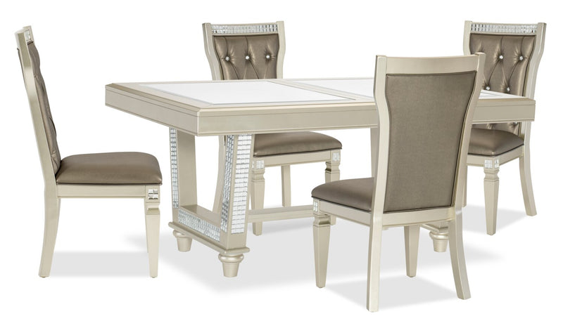 Tyra 5pc Dining Set with Table & 4 Chairs, 66-84\"W Extension, Trestle Base - Silver & Champagne