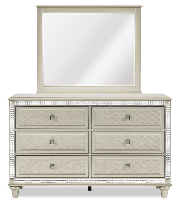 Tyra 6pc Bedroom Set with Bed, Dresser, Mirror & Nightstand, Glam, Vegan Leather, Champagne - King Size