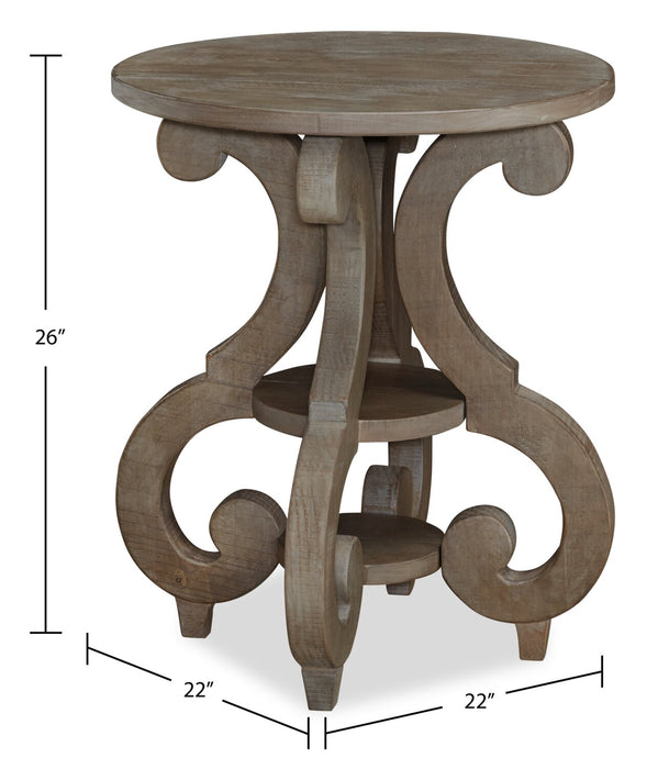 Tinley Park 22\" Traditional Round End Table with Shelf - Grey-Brown Pine with Scroll Design Base