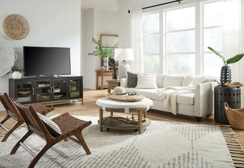 Rhett 38\" Modern Round Coffee Table with Shelf and Casters - Light Brown Wood with White Cushion