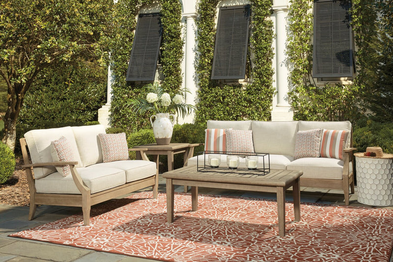 Juno Outdoor Patio Loveseat - Eucalyptus Wood & Nuvella Fabric, UV & Weather Resistant - Natural/Beige