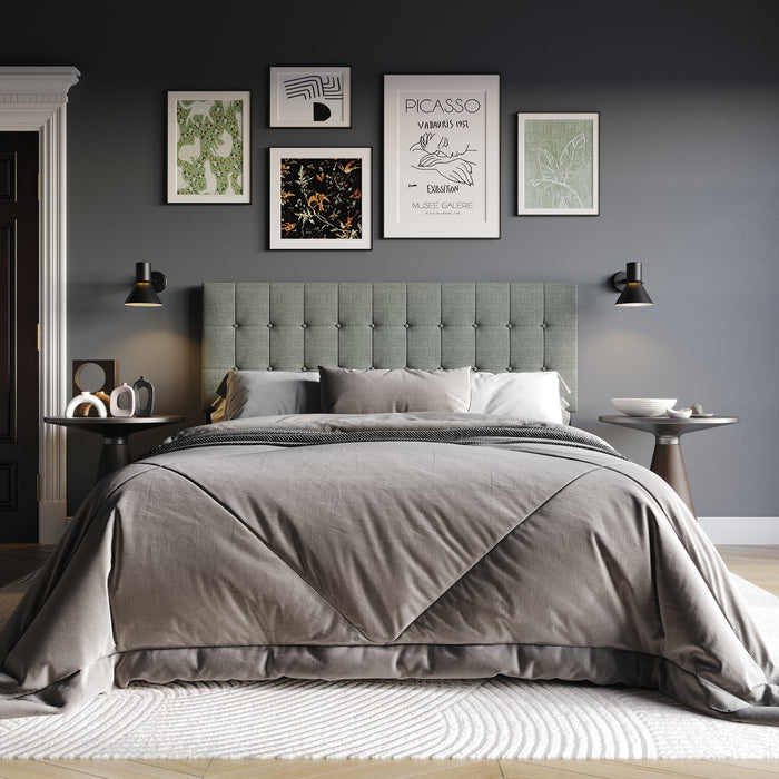 Ellis Upholstered Headboard in Grey Fabric, Button Tufted - Queen Size