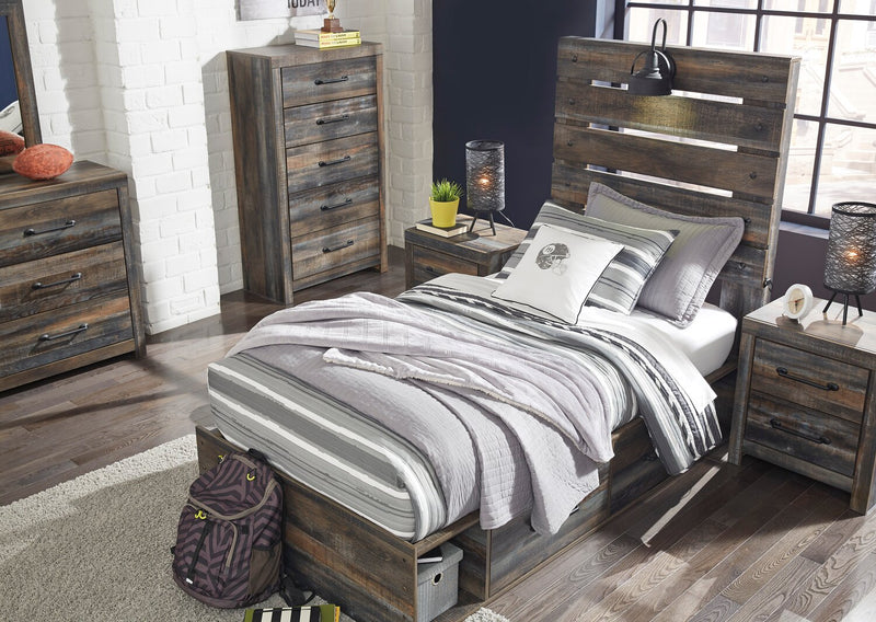 Abby 5pc Bedroom Set with Side Storage Bed, Dresser & Mirror for Kids, LED, USB, Brown - Twin Size