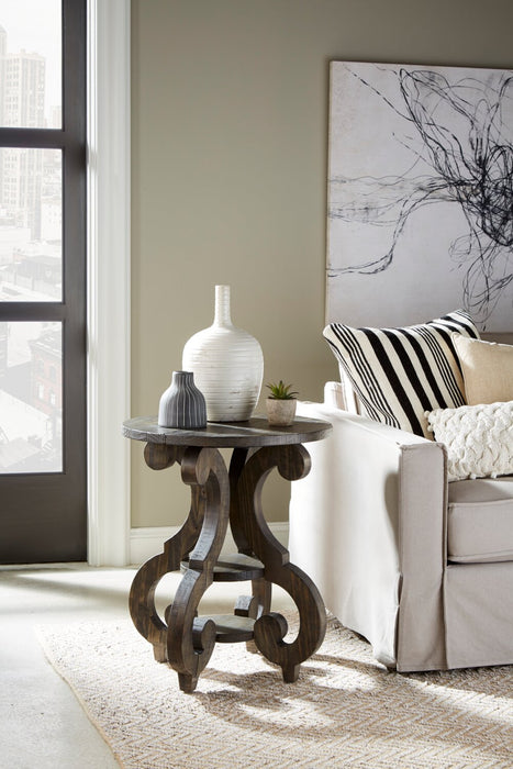 Bellamy 22\" Traditional Round End Table with Shelf - Dark Brown Pine with Scroll Design Wood Base