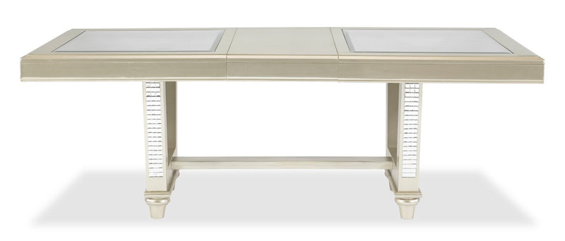 Tyra 5pc Dining Set with Table & 4 Chairs, 66-84\"W Extension, Trestle Base - Silver & Champagne