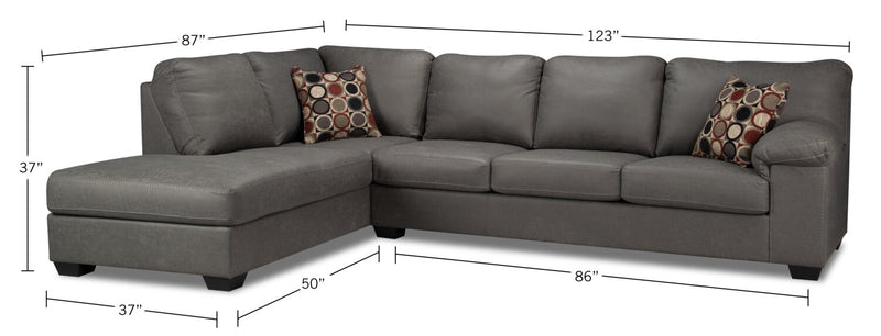 Made in Canada Morty 2-Piece Left-Facing Leather-Look Fabric Sectional with Sofa and Accent Pillows - Grey