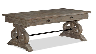 Tinley Park 50" Traditional Coffee Table with Storage and Shelf - Grey-Brown Pine with Scroll Design Base|Table à café traditionnelle Tinley Park de 50 po avec rangement et tablette - pin gris-brun avec base à volutes