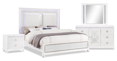 Ava 6pc Bedroom Set with Bed, Dresser, Mirror & Nightstand, LED, Glam, White - King Size | Ensemble de chambre à coucher Ava 6 pièces somptueux avec lit, commode, miroir, table de nuit et écl…