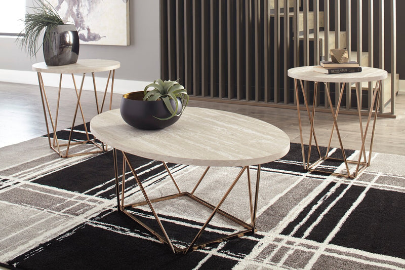Tarica 47\" Modern Oval 3-Pack Coffee + 2 End Tables - Cream and Gold with Metal Legs