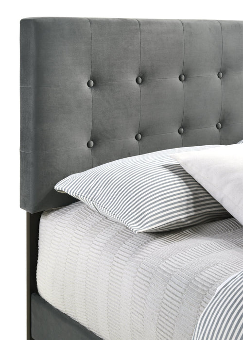 Gabi Upholstered Bed in Charcoal Velvet Fabric with Gold Finish Legs, Button Tufted - King Size
