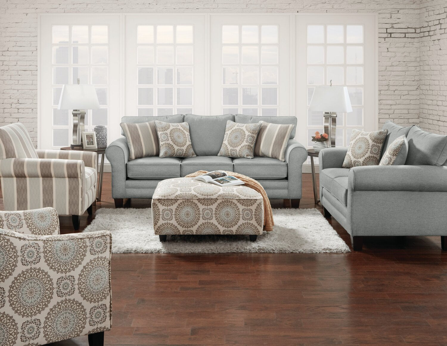 Made in Canada Tula 88 Fabric Sofa with Rolled Arms and Accent Pil. The Brick