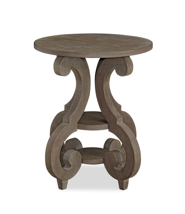 Tinley Park 22\" Traditional Round End Table with Shelf - Grey-Brown Pine with Scroll Design Base