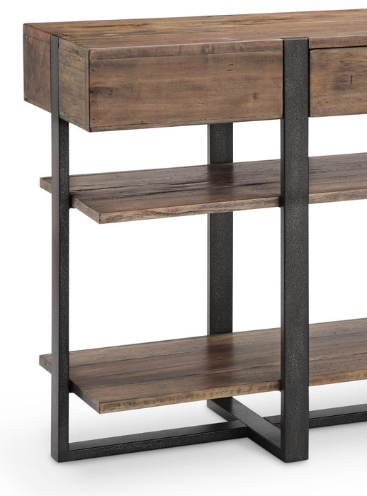 Manchester 54\" Modern Sofa Table with Storage and Shelf - Brown Wood with Iron Base
