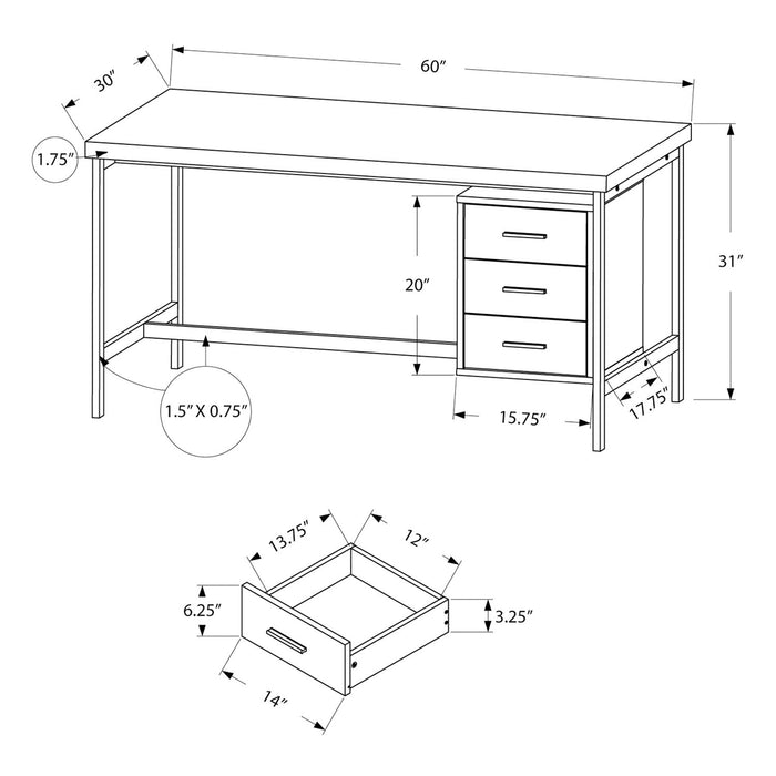 Stuart 60\" Office Desk with 3-Drawers - White