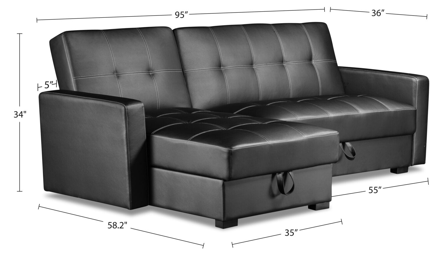 Weston 2Piece LeatherLook Fabric LeftFacing Futon Sectional Black