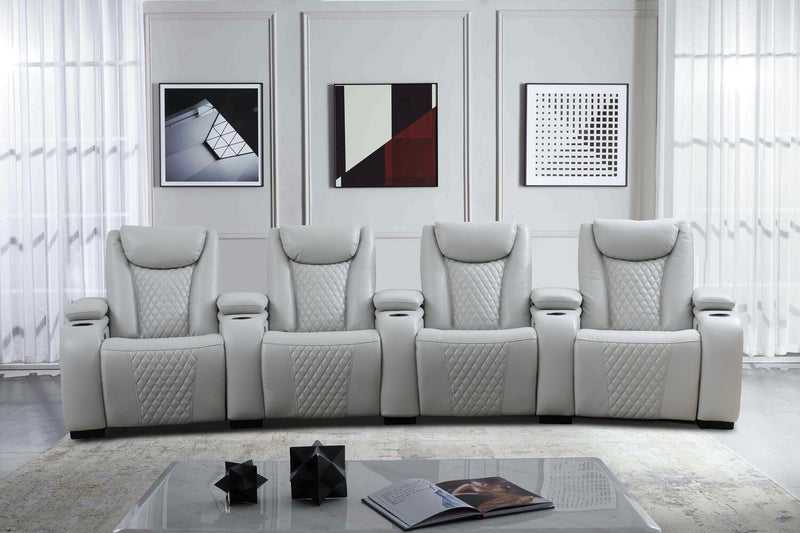 Cinema 5-Piece Leather-Look Fabric Home Theatre Power Reclining Sectional with Power Headrests - Cosmic Fog Grey