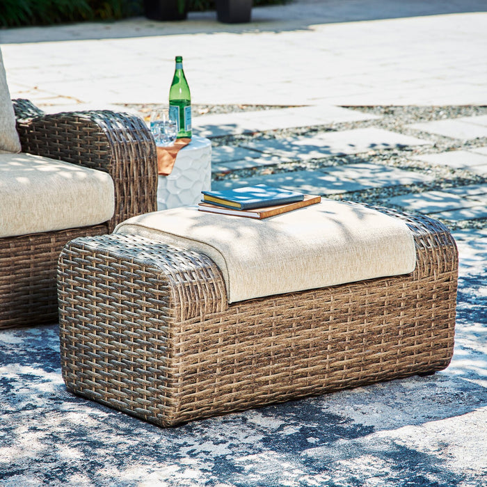 Cali Large Outdoor Patio Ottoman - Resin Wicker & Nuvella Fabric, UV & Weather Resistant - Brown/Beige