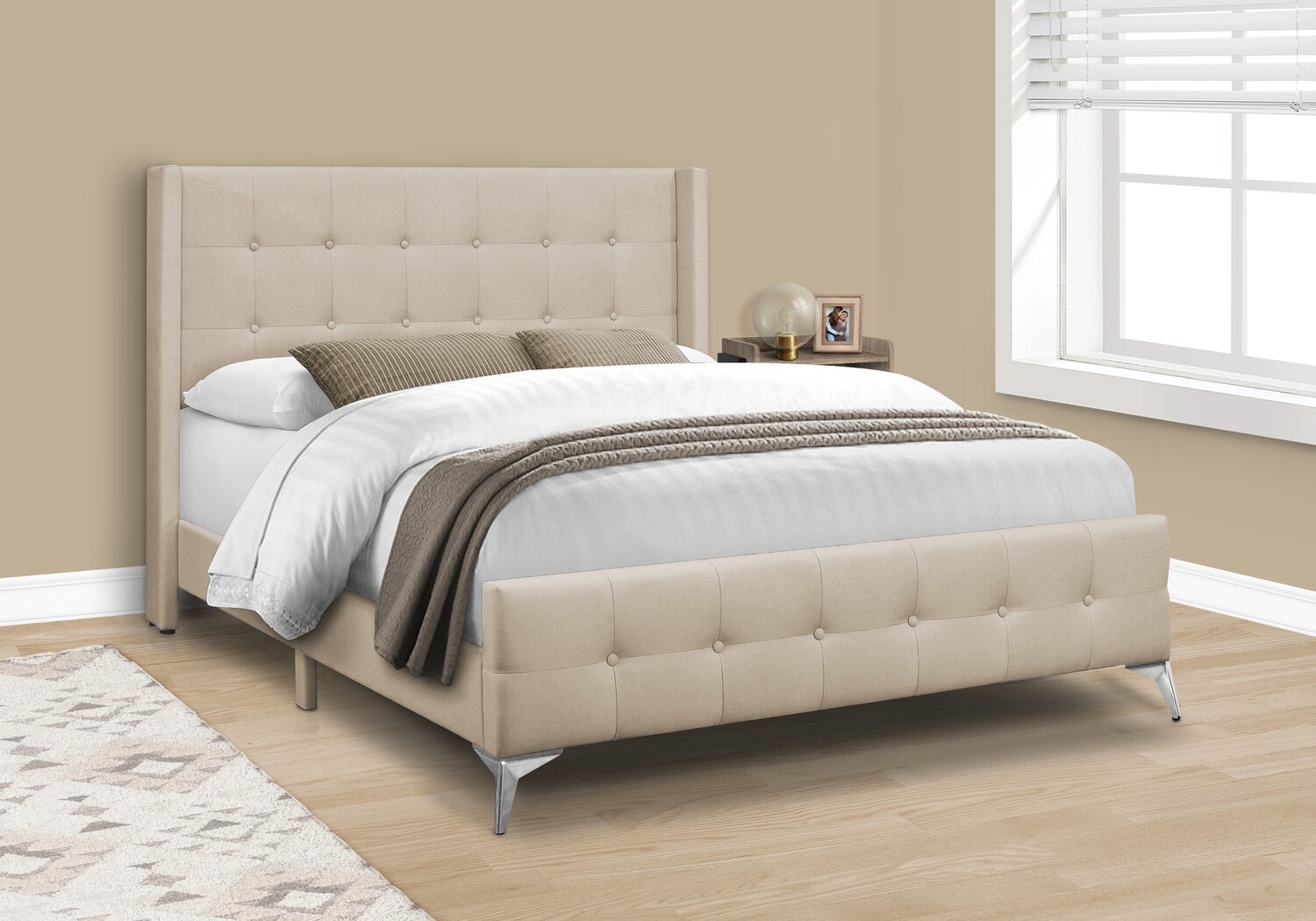 Zara Upholstered Bed in Beige LinenLook Fabric Button Tufted Q