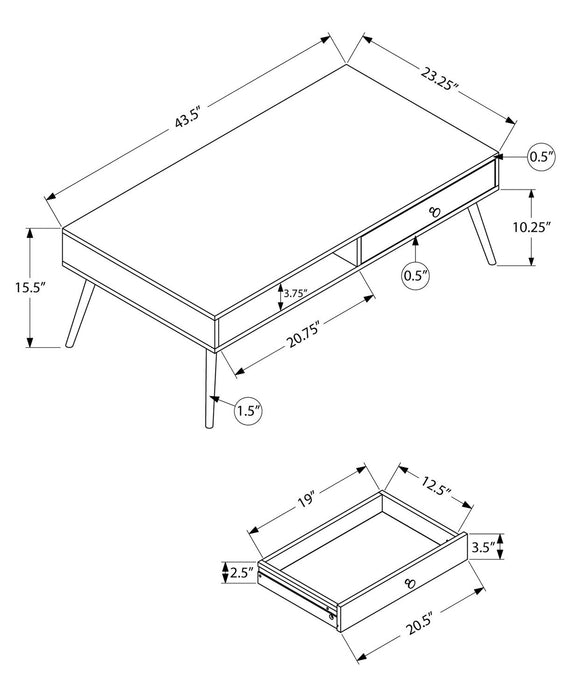 Cydney 43.5\" Modern Coffee Table with Storage - Walnut Finish Wood Legs