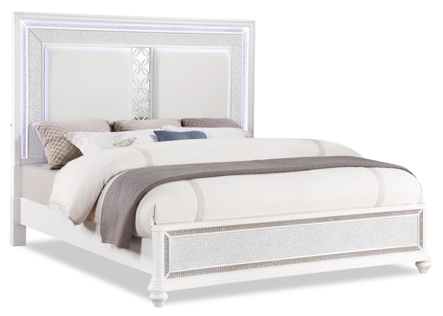 Ava Panel Bed with Headboard Frame LED Glam White King Size The Brick