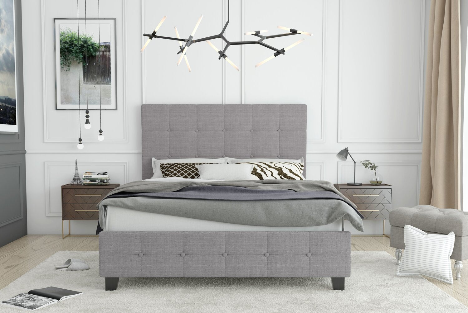 Grey upholstered bed frame queen sales