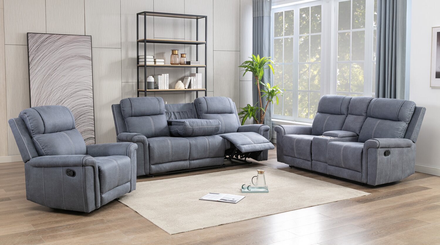 Silas 87.8 Steel Grey Microsuede Reclining Sofa with Fold Down Console and Dual Cupholders