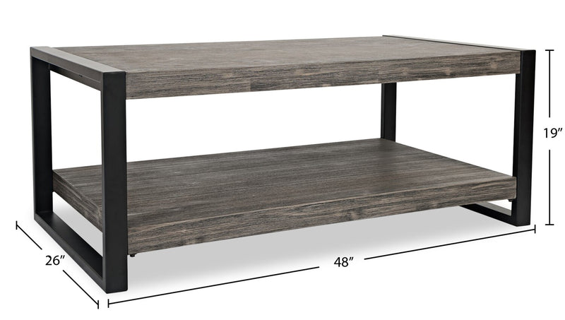 Apex 48\" Modern Coffee Table with Shelf - Grey with Black Metal Legs